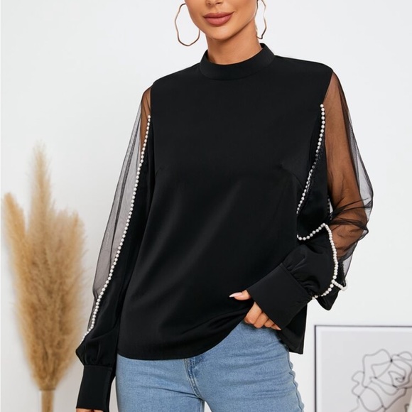 Elegant Sheer Mesh Long Sleeve Pearls Beaded Mock Neck Blouse Blue - Picture 10 of 14